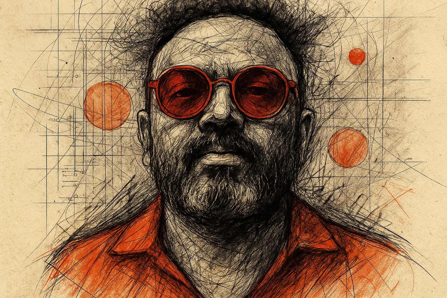 Illustrated portrait of Abhinandan Tejaswi with orange glasses and a sketched construction-line background
